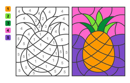 Color by numbers pineapple slice. Puzzle game for children education, colors for drawing and learning mathematicsのイラスト素材
