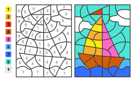 Color by numbers summer vacation. Puzzle for children education, colors for drawing and learning mathematicsのイラスト素材