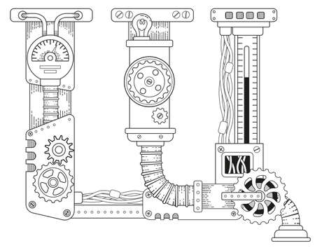 Vector coloring book for adults. Steampunk Cyrillic letter. Mechanical alphabet made of metal gears and various details isolatedon white backgroundのイラスト素材