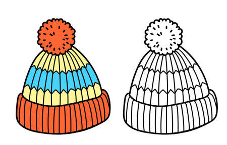 Knitted winter clothes, vector flat illustration. Winter coloring page for kidsのイラスト素材
