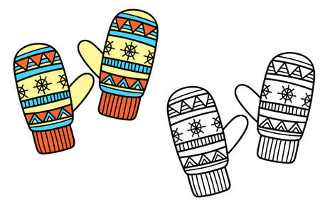 Knitted winter clothes, vector flat illustration. Winter coloring page for kidsのイラスト素材