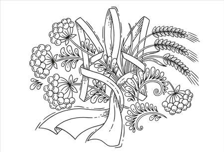 Vector coloring design, decorative version of the state symbol of Ukraine trident. Ribbon in blue and yellow flag, viburnum berries and ears of wheatのイラスト素材