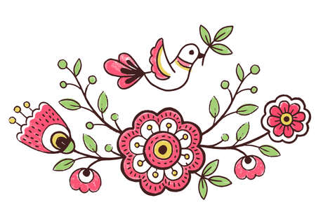 Vector pattern design in the styles of Ukrainian folk traditional embroidery. Hand draw flowers elements, foliage and birdsのイラスト素材