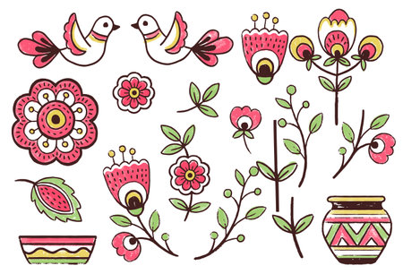 Vector set elements. Pattern design in the styles of Ukrainian folk traditional embroidery. Hand draw flowers elements, foliage and birdsのイラスト素材