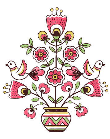 Vector pattern design in the styles of Ukrainian folk traditional embroidery tree of life. Hand draw flowers elements, foliage and birdsのイラスト素材