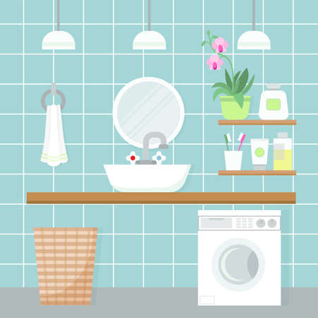 Vector illustration of a bathroom interior in pleasant light blue colors. Sink, mirror, flower, cosmetics, towel, laundry basket, washing machineのイラスト素材
