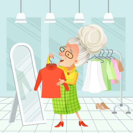 Vector illustration of a clothing store interior in nice light blue tones. Old woman with glasses tries on a blouse in front of a mirror. Clothes, wardrobe, shop, dress, shopping, fashionのイラスト素材