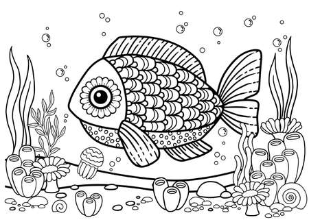 Coloring book page for adult. Fish with Detailed Pattern isolated on white background, mandalas design, line art designのイラスト素材