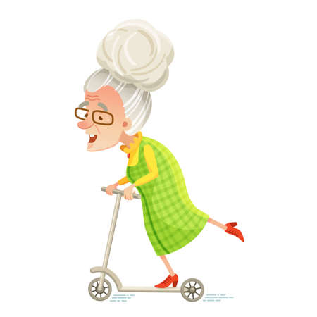 Vector illustration in cartoon style. An active elderly happy woman rides a scooterのイラスト素材