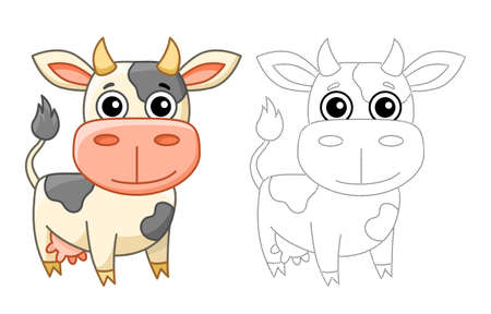 Coloring farm animal for children coloring book. Funny cow in a cartoon style. Trace the dots and color the pictureのイラスト素材