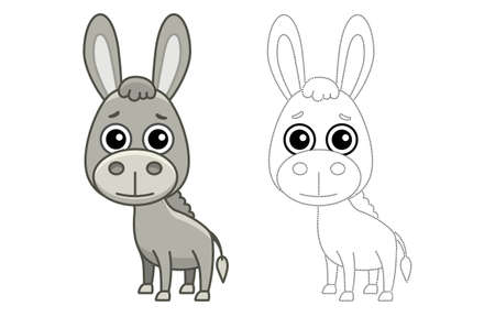 Coloring farm animal for children coloring book. Funny donkey in a cartoon style. Trace the dots and color the pictureのイラスト素材