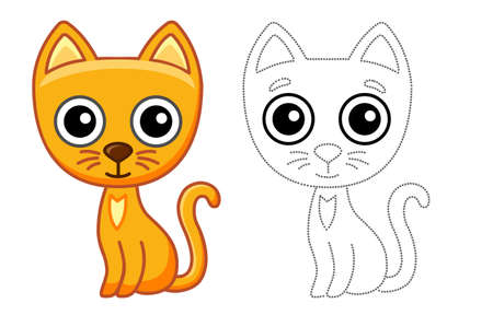 Coloring farm animal for children coloring book. Funny cat in a cartoon style. Trace the dots and color the pictureのイラスト素材