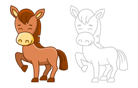 Coloring farm animal for children coloring book. Funny horse in a cartoon style. Trace the dots and color the pictureのイラスト素材