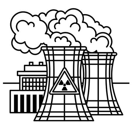 nuclear power plant and factory. Nuclear energy industrial concept. vector line illustrationのイラスト素材