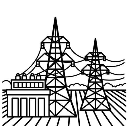 Electric transmission. The concept of power lines and transformer substation. vector line illustrationのイラスト素材
