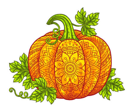 Vector illustration. Bright Halloween pumpkins in mandala style with detailed patternsのイラスト素材