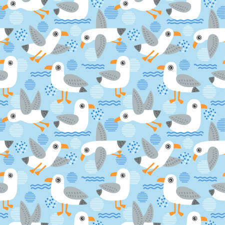 Vector seamless pattern with cute seagulls on a blue background with abstract spotsのイラスト素材