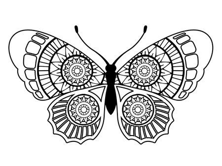 Vector coloring book page for adults. Silhouette of elegant butterfly in mandala style isolated on white backgroundのイラスト素材