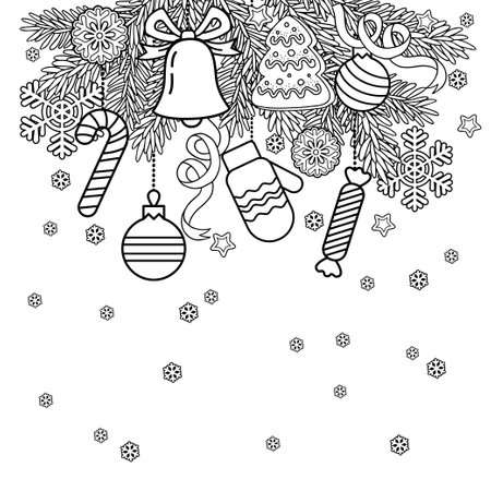 Vector black and white coloring page for Christmas coloring book for adult. Sweets and gifts from Santa and festive decorationのイラスト素材