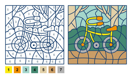 Puzzle game bicycle, color by number sheet for children. Vector coloring page for learning numbersのイラスト素材