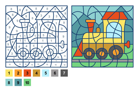 Puzzle game train locomotive, color by number sheet for children. Vector coloring page for learning numbersのイラスト素材