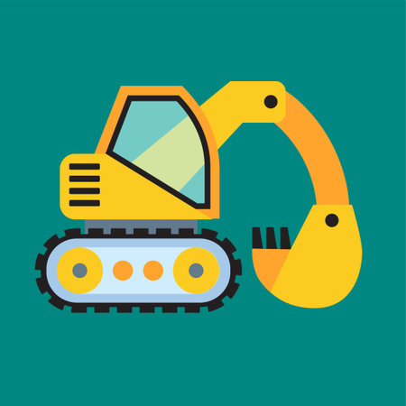 Illustration of excavator, heavy construction equipment in cartoon style. Vector icon, logo,...