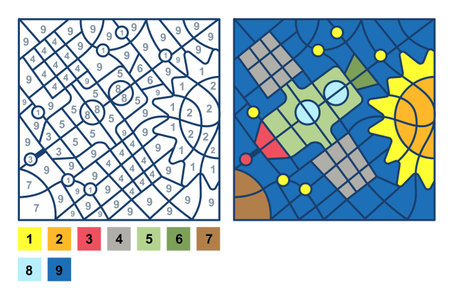 Vector coloring page, Puzzle game, Color by number satellite, space station and galaxy spaceのイラスト素材