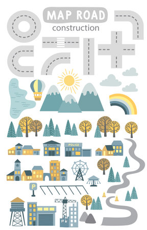 Set of segments for Children's map road creator. Vector illustration of roads, mountains, wood, lake, building and construction site. Design for a kids game, poster for nursery decorのイラスト素材
