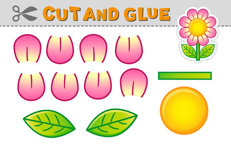 Cut out applique and glue a flower. Vector illustration. Paper game for childrens creativity, activity and learningのイラスト素材