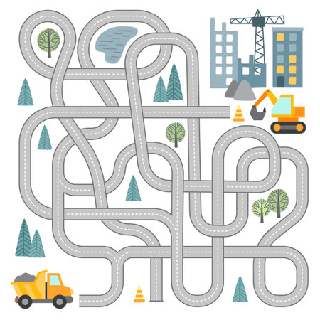 Maze game with vehicles and tangled road. Help the truck to reach the construction siteのイラスト素材