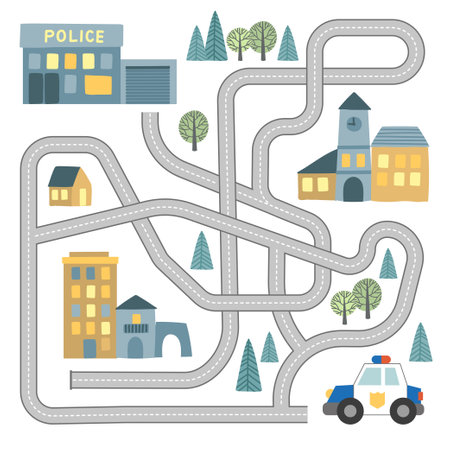 Maze game with vehicles and tangled road. Help the police car to reach the police officeのイラスト素材