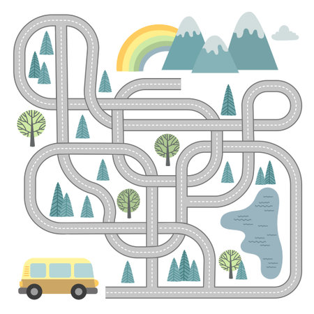 Maze game with vehicles and tangled road. Help the minivan to reach the mountainsのイラスト素材