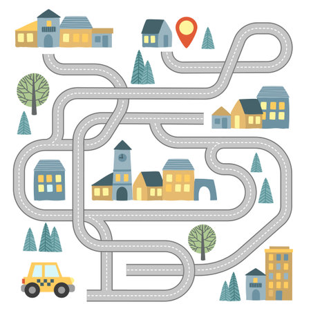 Maze game with vehicles and tangled road. Help the taxi to reach the destination pointのイラスト素材