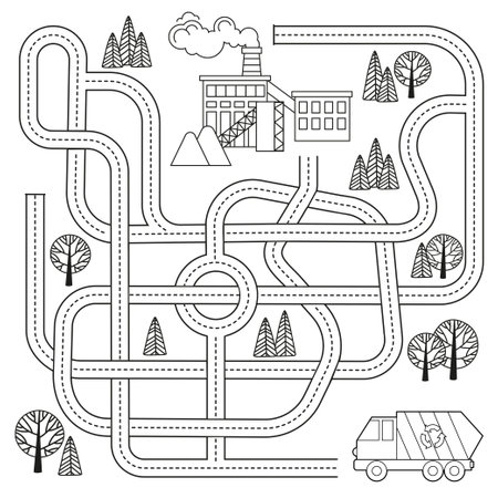 Vector maze game for kids with vehicles and tangled road. Labyrinth help the garbage truck to reach recycle plantのイラスト素材