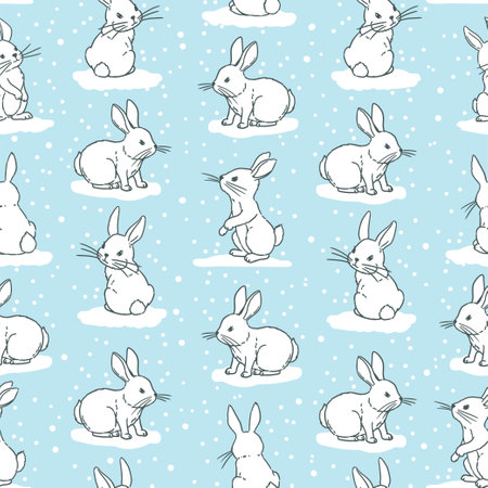 Vector seamless pattern. White bunnies in the snowのイラスト素材