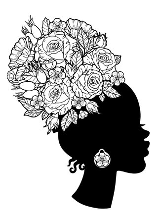 Coloring book for adults. Black silhouette of head african american woman with a flowers instead hairstyle braided in the hair of roses flowersのイラスト素材
