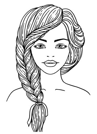 Coloring book for adults. Girl with braided hairstyle. Vector black contour image on a white backgroundのイラスト素材