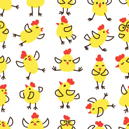 Little yellow chicks are having fun. Vector seamless pattern in doodle styleのイラスト素材