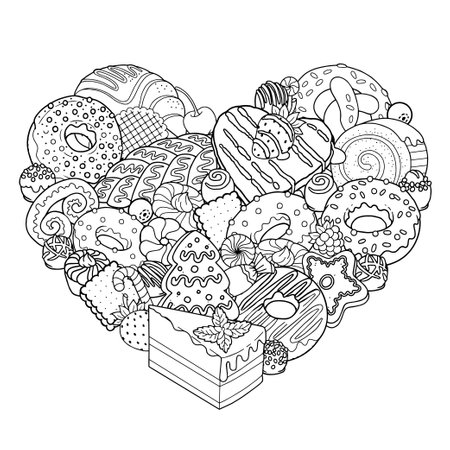 Vector coloring book page for adults. Black and white outline illustration of sweet food, candies, cakes, desserts, bakery products. Background for coloring in the shape of a heartのイラスト素材
