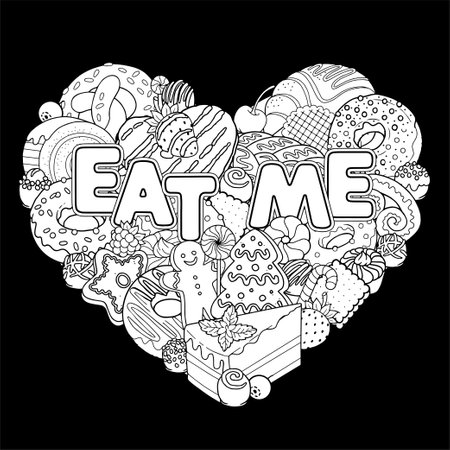 Vector coloring book page for adults of sweet food, candies, pastries, desserts, baked products. Black and white outline illustration in heart shape on black backgroundのイラスト素材