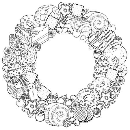 Vector coloring book page for adults of sweet food, candies, pastries, desserts, baked products. Black and white outline illustration round shapeのイラスト素材