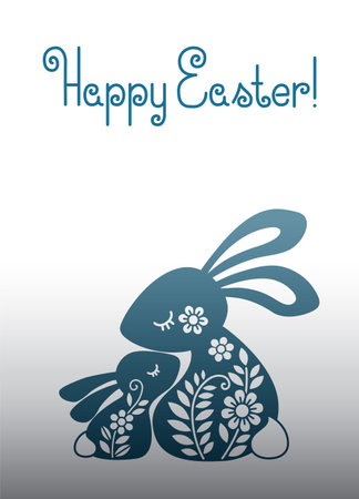 Vector hand drawn silhouette illustration with Easter bunnies and flowers. Beautiful horizontal banner, background cards for Easterのイラスト素材
