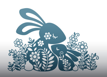 Vector illustration of Funny Bunny Family. Silhouette of a Mom and baby rabbit for Easter Family look t-shirt design, Easter decoration, laser cut, cardのイラスト素材