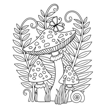 Vector coloring book page for adult. Black and white illustration of an amanita mushrooms among plantsのイラスト素材
