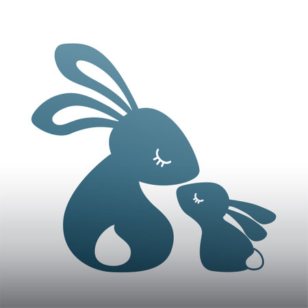 Vector silhouette illustration of a funny family of rabbits. Silhouette of a mother rabbit kissing her baby. Design for Mothers Day, Easter bunny, logo, iconのイラスト素材