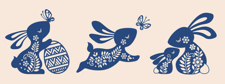 Set of ornate easter bunnys. Vector illustration hare, bunny, rabbit and butterfly. Silhouette of cute bunny with Easter egg, butterfly for laser cut or cardのイラスト素材