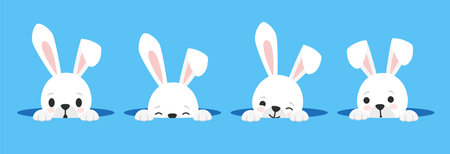Cute bunny looks out of a hole, vector illustrations. Hare, rabbit, bunny for Easter designのイラスト素材