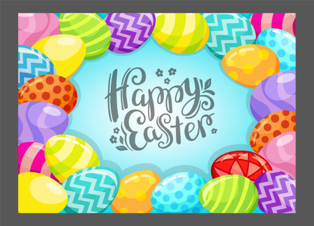 Card with calligraphy text Happy easter and bright Easter eggs. Vector illustration for card, banner, invitationのイラスト素材