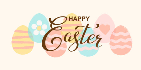 Vector hand drawn silhouette of Easter eggs and Happy easter lettering. Background with text message for banner, card, easter vintage designのイラスト素材