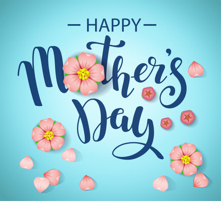 Horizontal banner with text message With Happy Mother's day and cherry flowers. Hand drawn vector lettering for banner, background, cardのイラスト素材